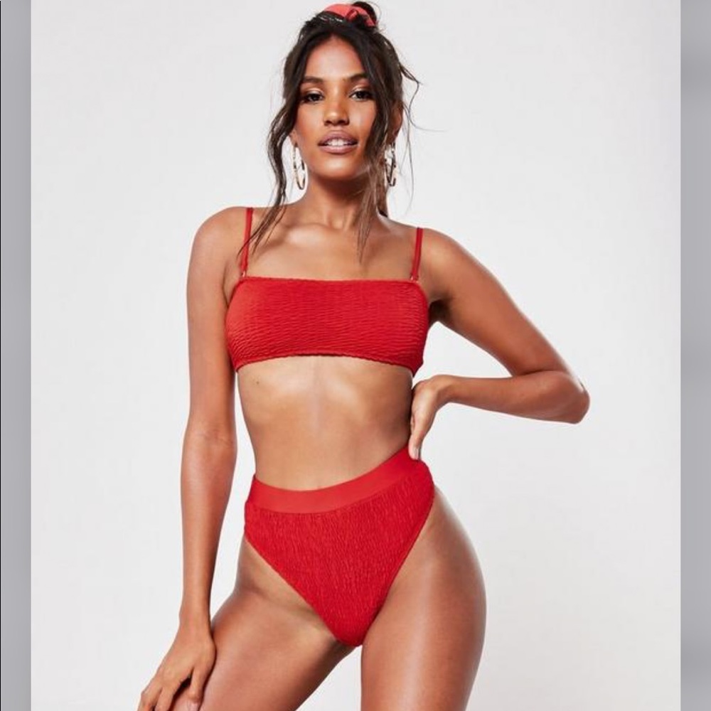 Missguided red crinkle bandeau strap bikini